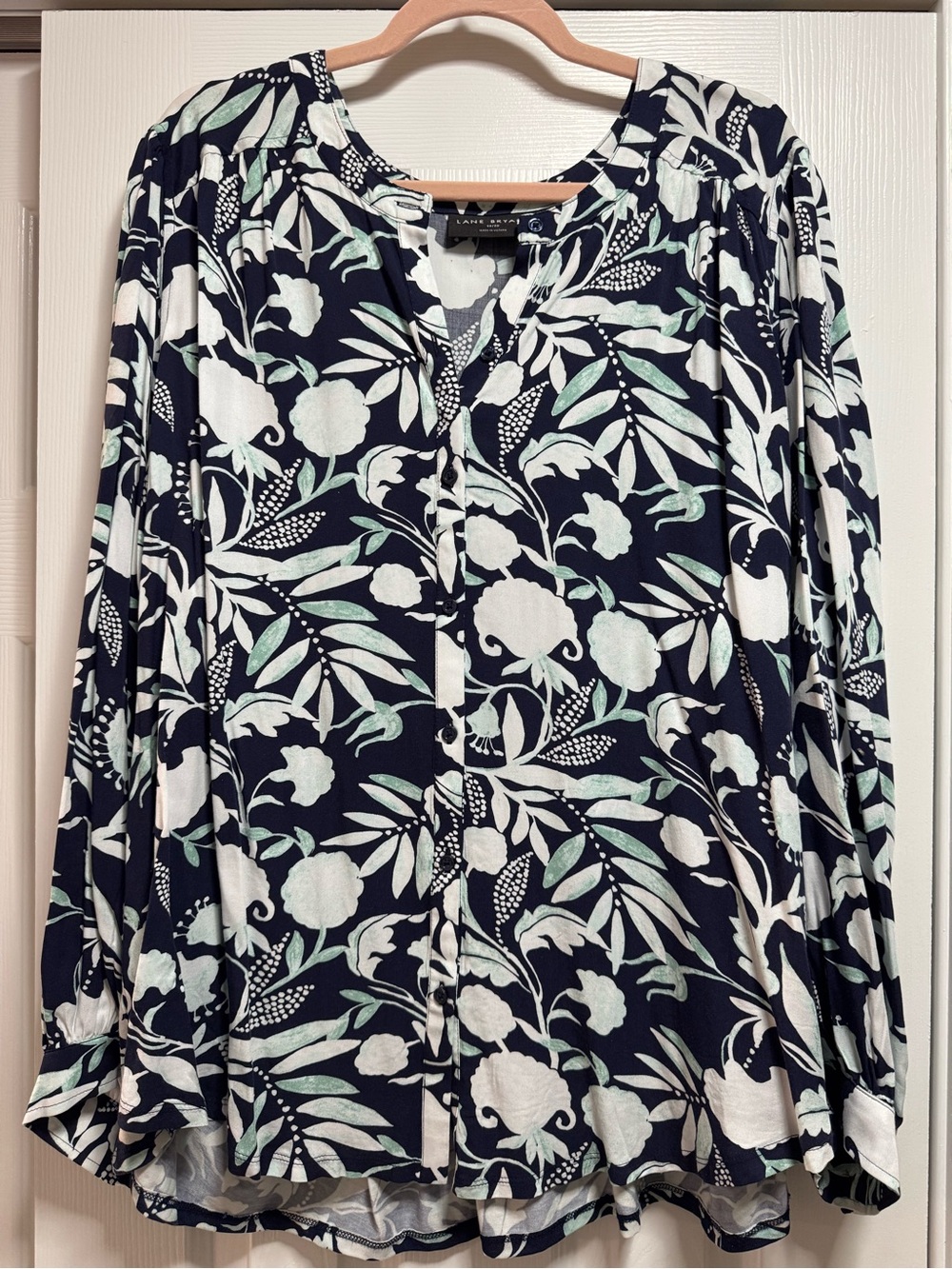 Lane Bryant Navy Floral Button-Front Blouse with Mint Accents
